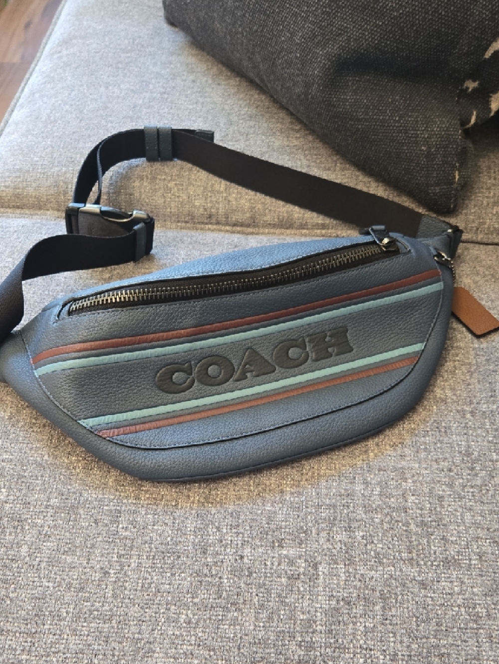 COACH Blue Leather Belt Bag with Red and Teal Stripe Accents - Picture 2 of 2